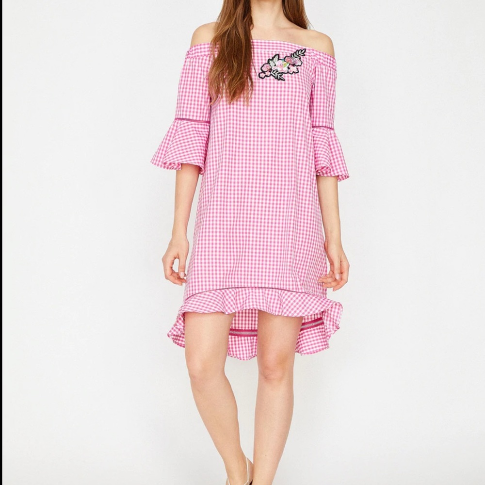 Koton Pink Check Embellished Strapless Dress